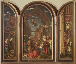 Triptyk, som föreställer de vise kungarnas tillbedjan (i mitten), födelsen (till vänster) och omskärelsen (till höger), ca 1512 (panel).